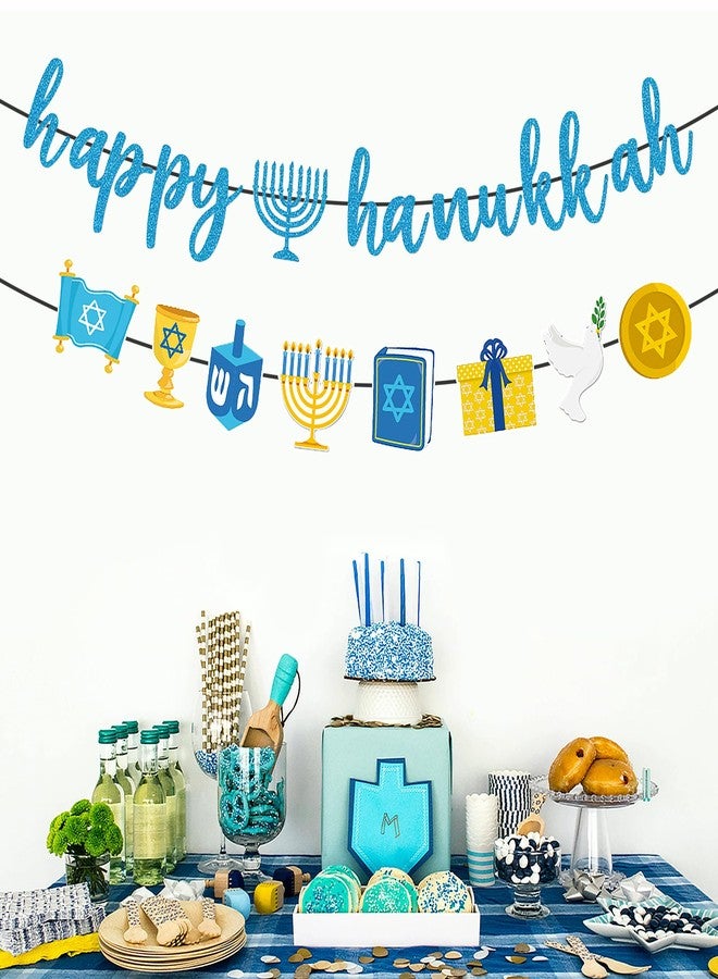 Lucleag 2Pcs Happy Hanukkah Banner, Menorah Pigeon Star Chanukah Banner for Hanukkah Party Supplies, Chanukah Photo Props Backdrops for Hanukkah Fireplace Door Wall Decorations - Image 2